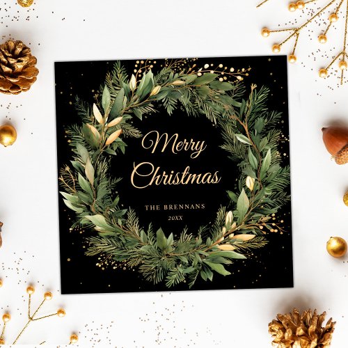 Modern Christmas Wreath Gold Black Botanical Holiday Card