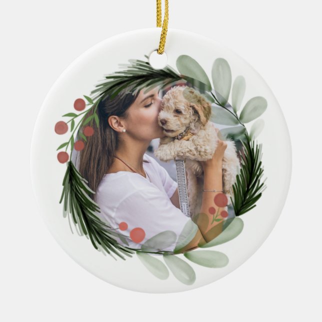 Modern Christmas Wreath Holiday Cute Photo  Ceramic Ornament (Front)