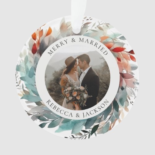 Modern Christmas Wreath  Married and Merry Photo Ornament