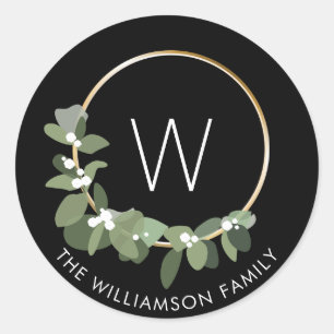 Modern Christmas Wreath Monogram family name Classic Round Sticker