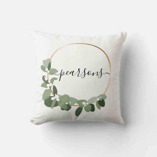 Modern Christmas wreath personalized family name Throw Pillow