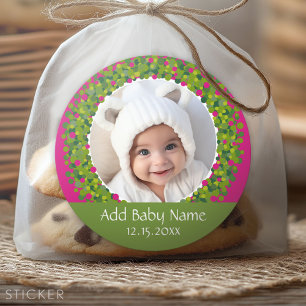 Modern Christmas Wreath Photo Frame PINK Classic Round Sticker