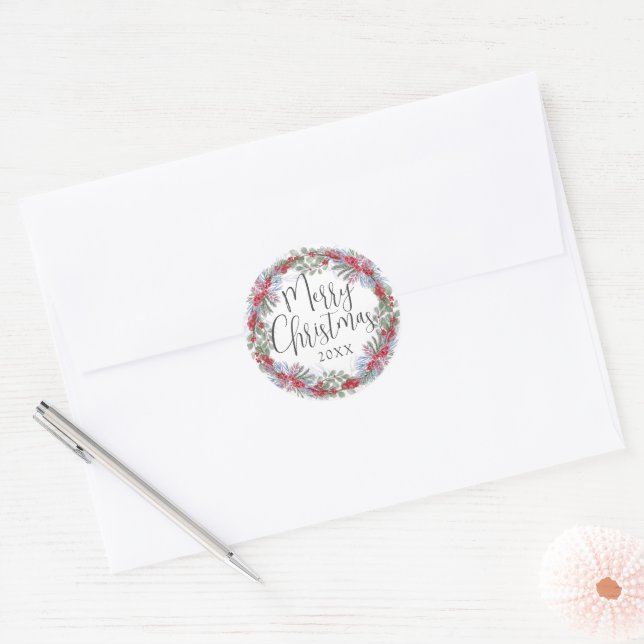 Modern Christmas Wreath Return Address  Classic Round Sticker (Envelope)