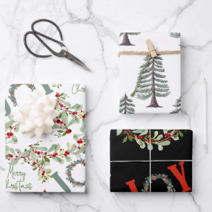Modern christmas wreaths and joy wrapping paper sheets
