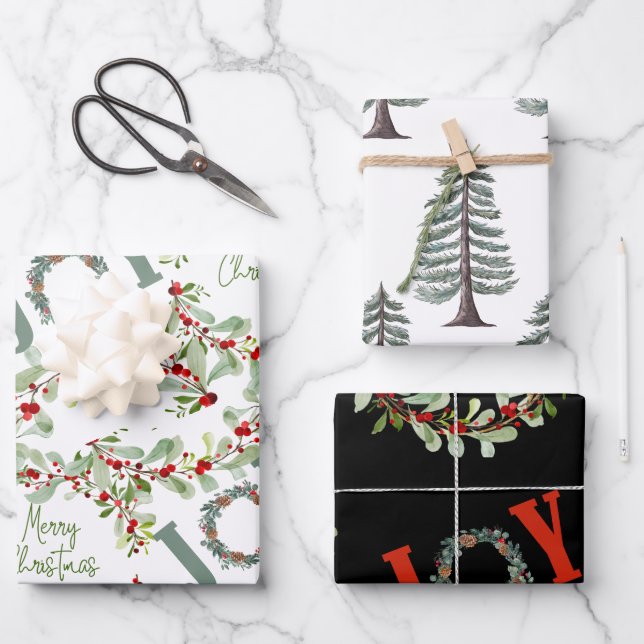 Modern christmas wreaths and joy  wrapping paper sheets (Front)