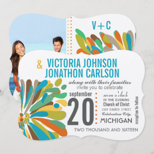 Modern Chrysanthemum Coral Yellow Lime Floral Invitation