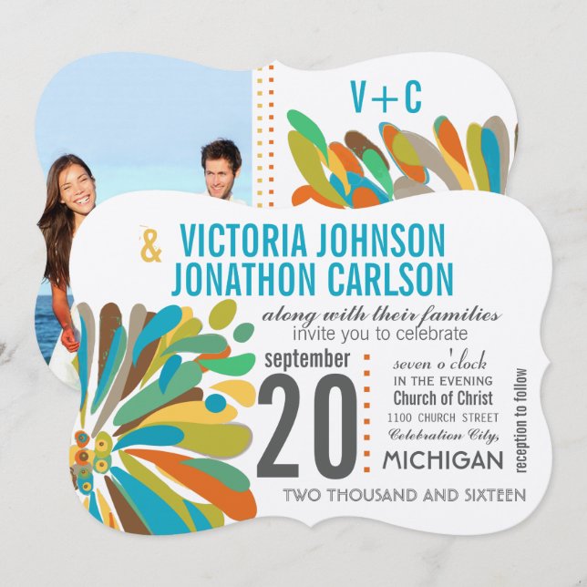 Modern Chrysanthemum Coral Yellow Lime Floral Invitation (Front/Back)