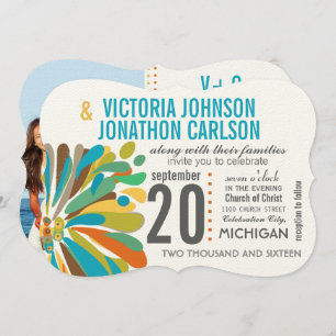 Modern Chrysanthemum Coral Yellow Lime Floral Invitation