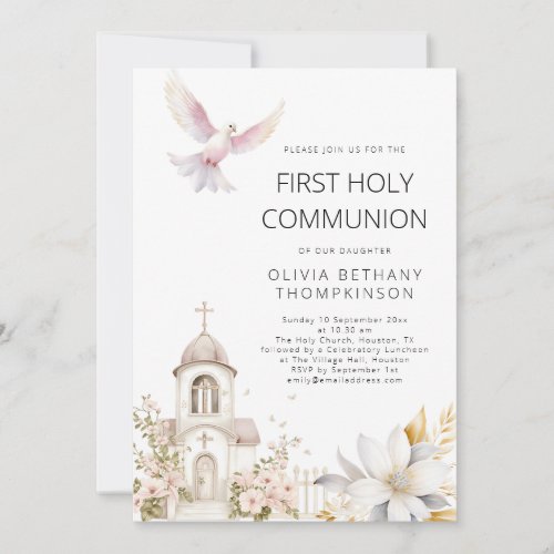 Modern Church Florals Dove First Holy Communion Invitation
