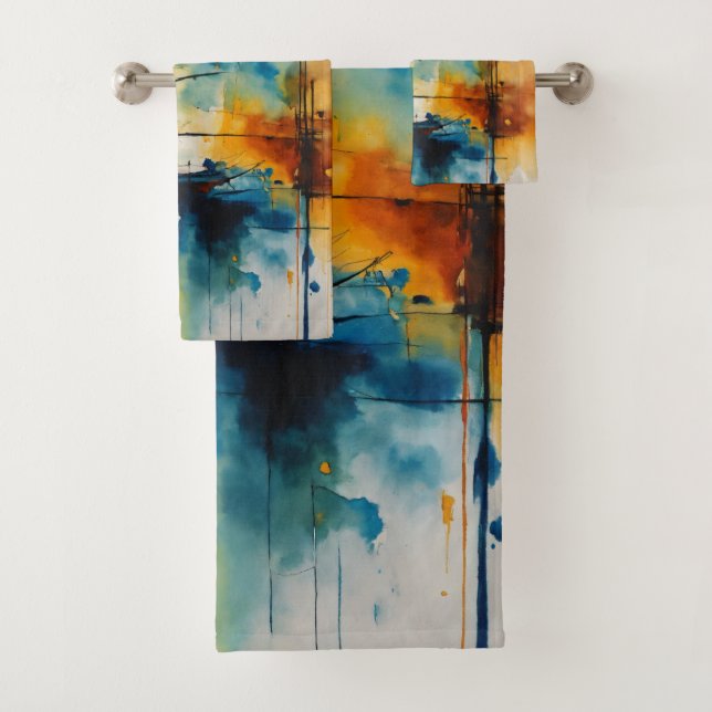 Modern Cinematic Abstract  |"Blue & Orange  Bath Towel Set (Insitu)