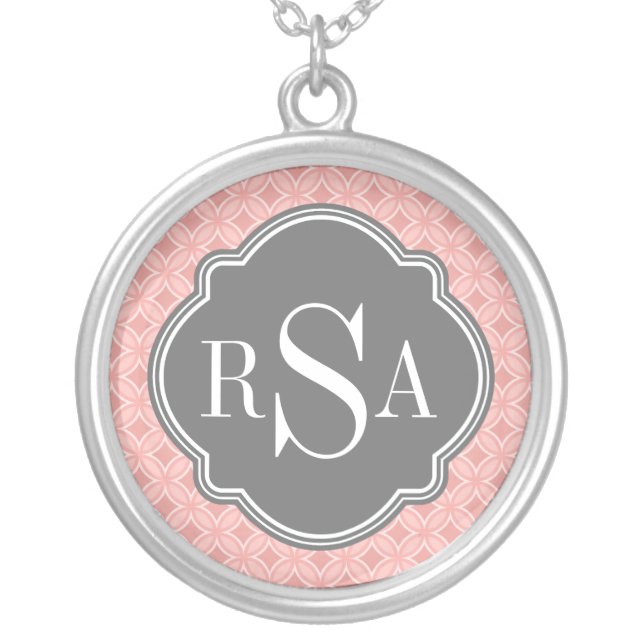 Modern Circle Blush Pink Gray Monogram Silver Plated Necklace (Front)