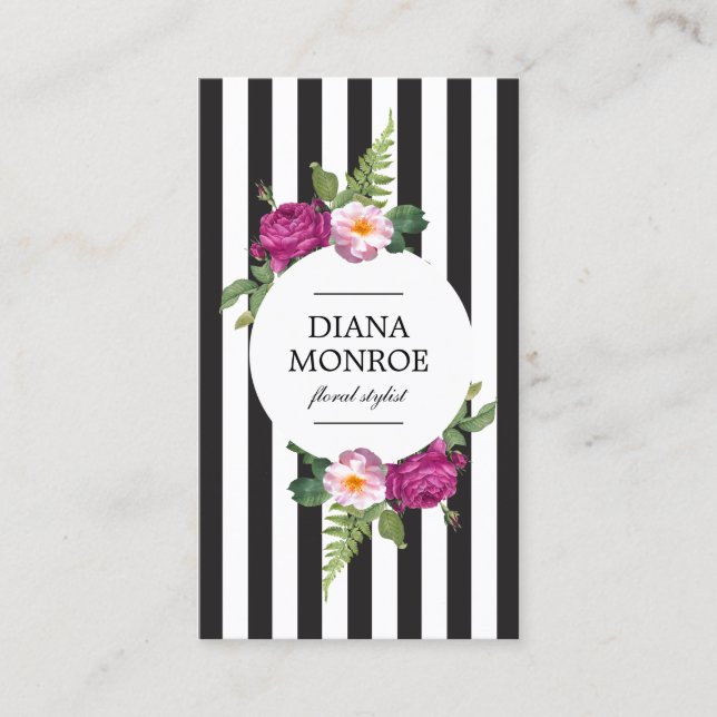 Modern Circle Floral Wreath Striped Business Card (Front)