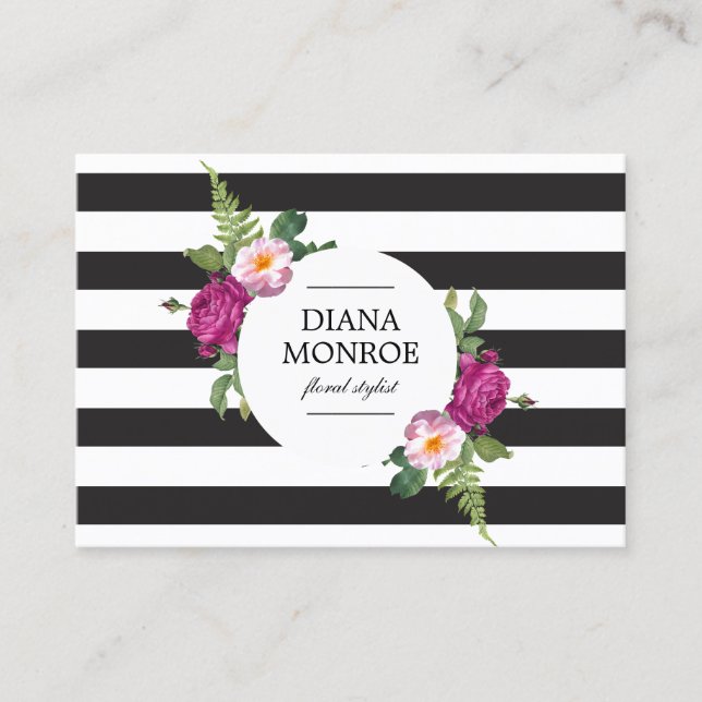 Modern Circle Floral Wreath Striped Large Business Card (Front)