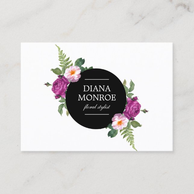 Modern Circle Floral Wreath White Large Business Card (Front)
