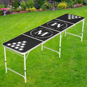 Modern Circle Monogram Black White Beer Pong Table