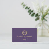 Modern Circle Monogram Initials on Royal Purple Business Card (Standing Front)