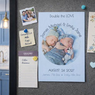 Modern Circle Photo Twin Magnet Birth Announcement