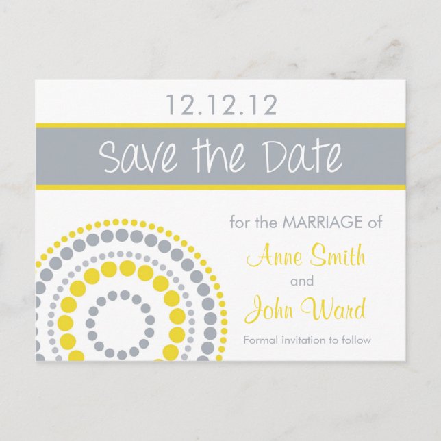 Modern Circles Save the Date - Yellow & Gray Announcement Postcard (Front)