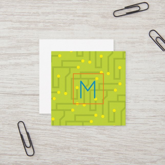 Modern Circuit Board green yellow blue orange Tech Square Business Card (Front/Back In Situ)