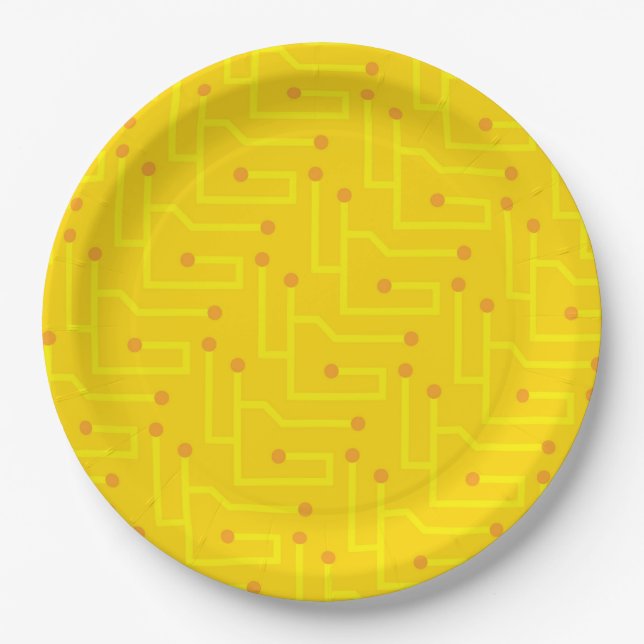 Modern Circuit Board yellow orange computer party Paper Plates (Front)