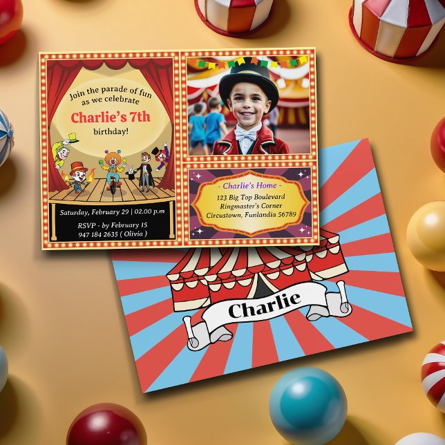 Modern Circus Carnival Cartoon Photo Kids Birthday Invitation (Creator Uploaded)