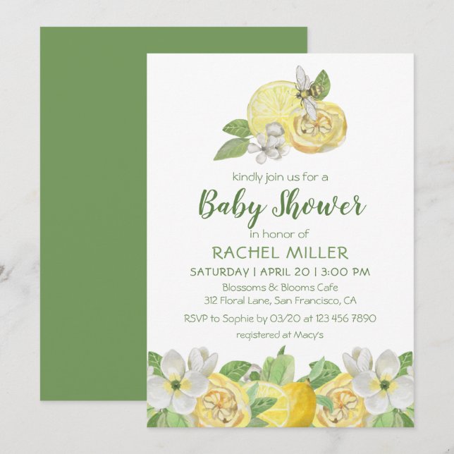 Modern Citrus Floral Lemon Watercolor Baby Shower Invitation (Front/Back)