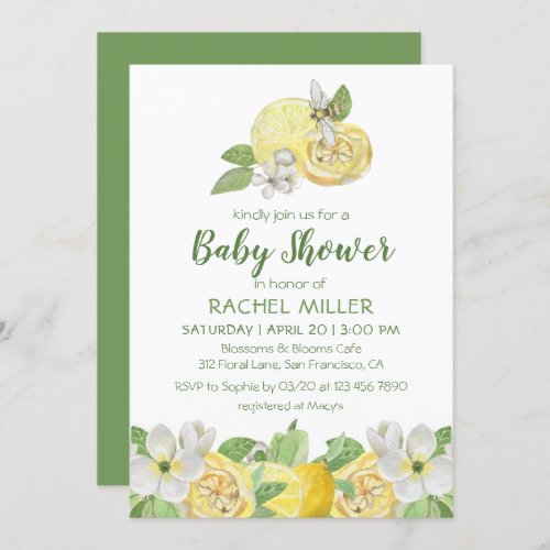 Modern Citrus Floral Lemon Watercolor Baby Shower Invitation