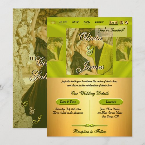 Modern Citrus Green Gold Overlay Photo Wedding Invitation