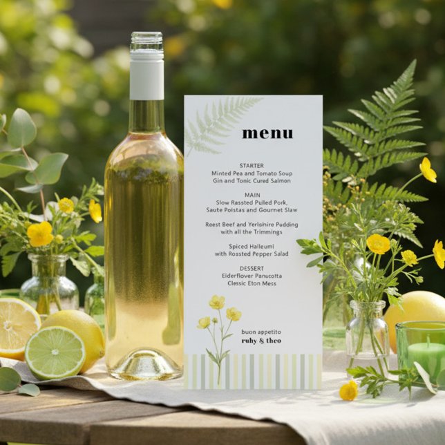 Modern Citrus Green Wildflower Stripe Wedding Menu (Menu from the Citrus Green Wildflower wedding collection by Darling & May)