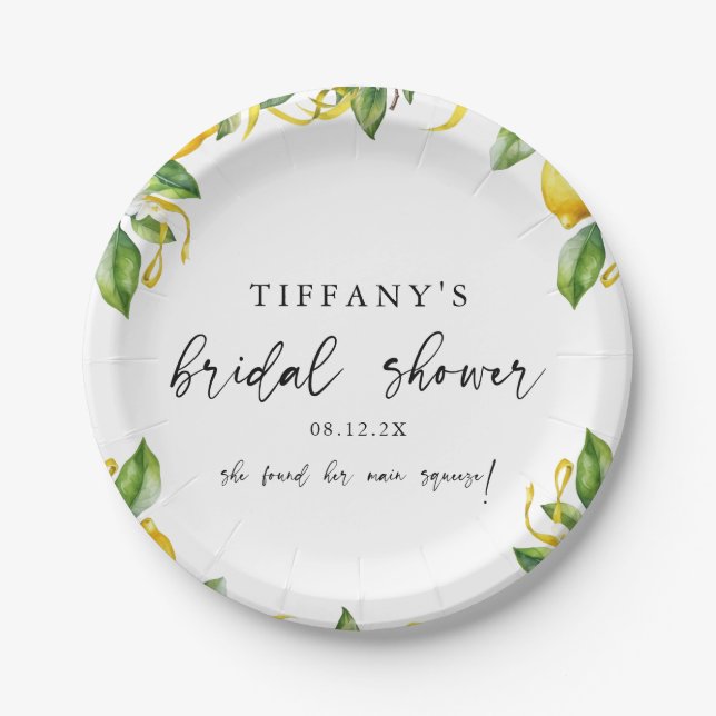 Modern Citrus Lemon Bridal Shower Paper Plates (Front)