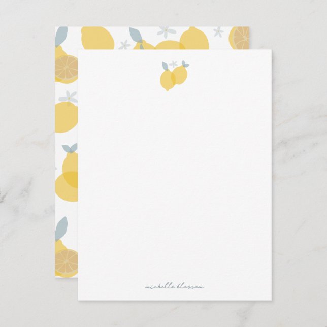 Modern Citrus Lemons Pattern Custom Name Note Card (Front/Back)