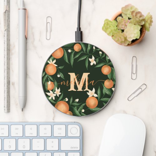 Modern citrus orange flowers monogram illustration wireless charger 