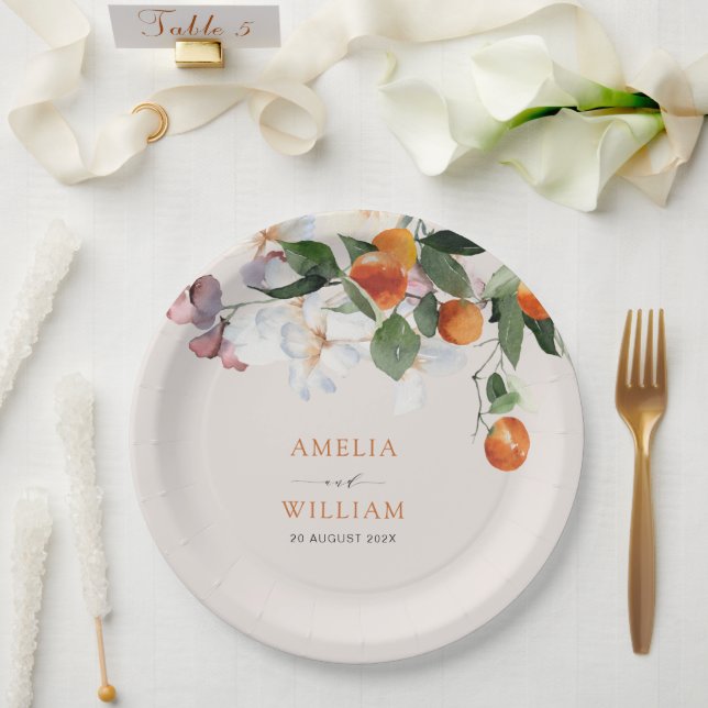 modern citrus oranges and greenery wedding paper plates (Wedding)