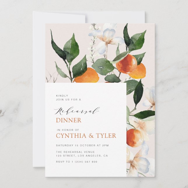 modern citrus oranges floral rehearsal invitation (Front)