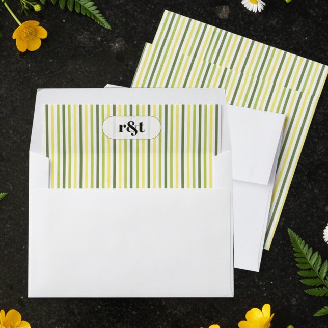Modern Citrus Stripe Monogram Wedding Invitation Envelope Liner (monogram striped envelope liners - from Citrus Green Wildflower wedding collection by Darling & May)