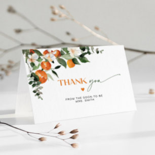Modern citrus theme orange bridal shower letterpress thank you card
