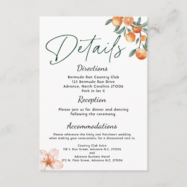 Modern Citrus-Themed Wedding Details Card (Front)