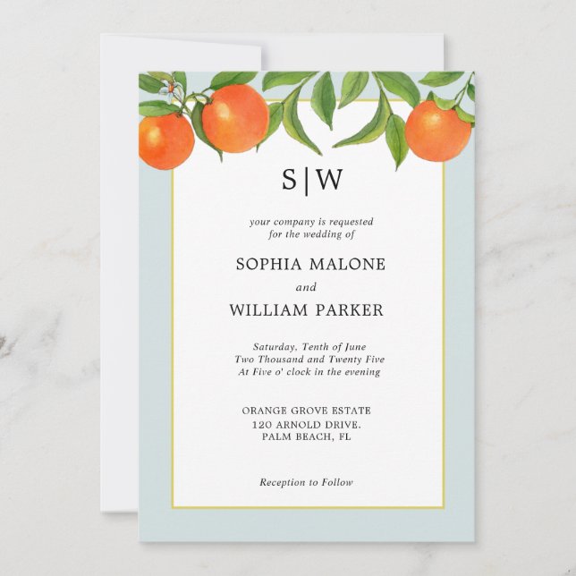 Modern Citrus wedding with Initials Invitation (Front)