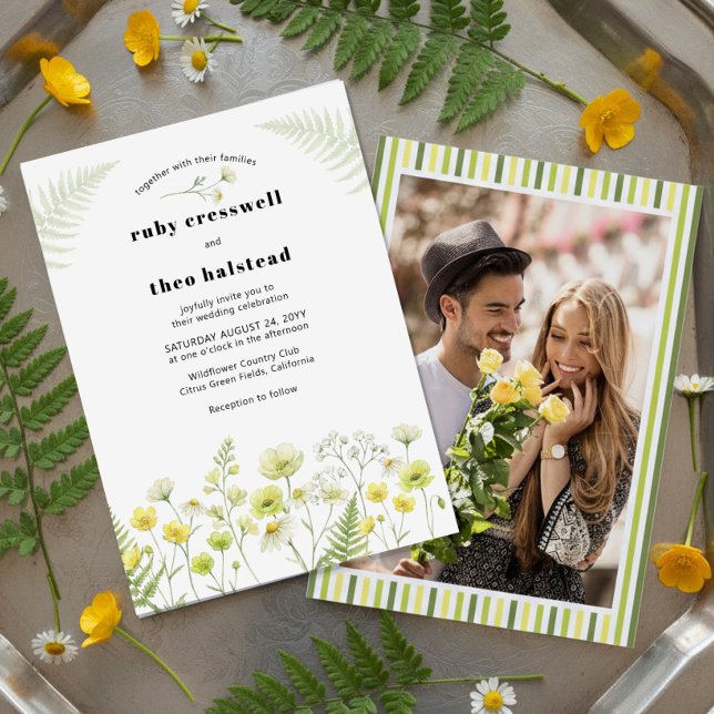 Modern Citrus Wildflower Stripe Photo Wedding Invitation (Wedding Invitation with engagement photo from Citrus Green Wildflower collection by Darling & May)