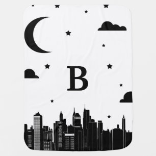 Modern City Scape & Night Sky Baby's Initial Receiving Blanket