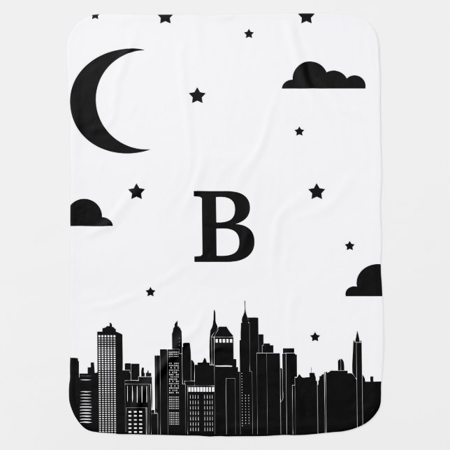 Modern City Scape & Night Sky Baby's Initial Receiving Blanket (Front)