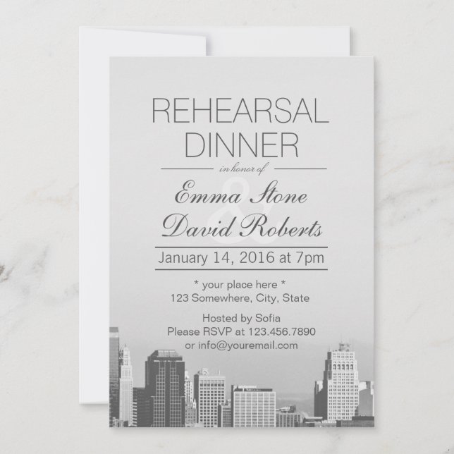 Modern City Skyline Destination Rehearsal Dinner Invitation (Front)