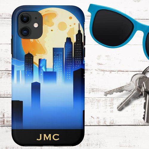 Modern City Skyline with Full Moon Signature iPhone 11 Case