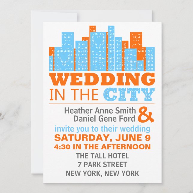 Modern City Wedding Invitations Orange And Blue (Front)