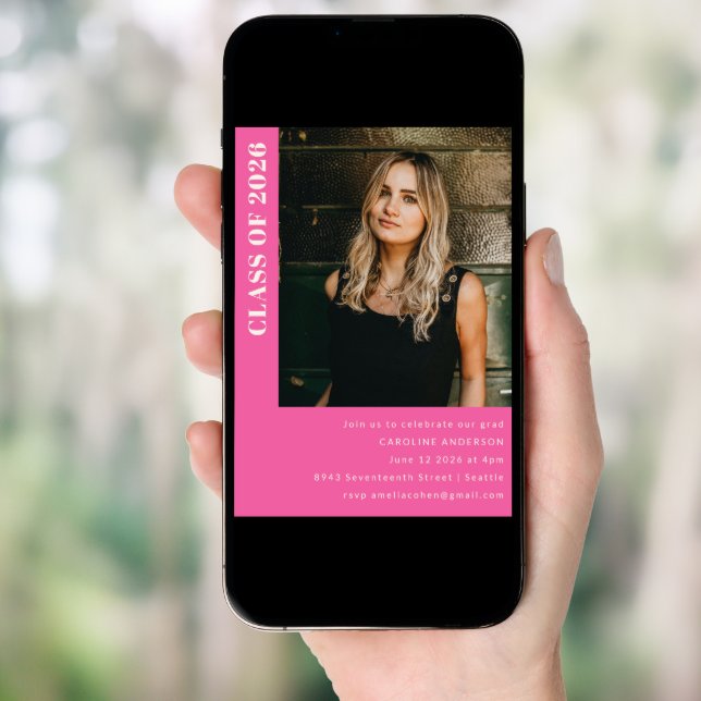 Modern Class 2023 Hot Pink Photo Graduation Party Invitation (Front Digital)