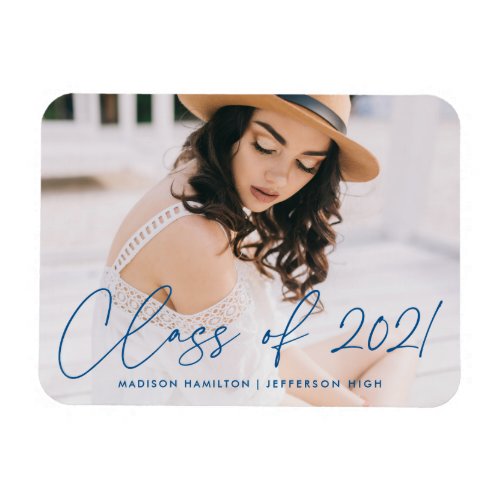 Modern Class of 2021 Blue Script Photo Graduation Magnet