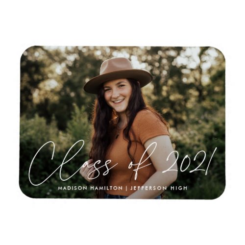 Modern Class of 2021 White Script Photo Graduation Magnet