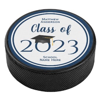 Modern Class Of 2023 Elegant Navy Blue Graduation Hockey Puck by littleteapotdesigns at Zazzle