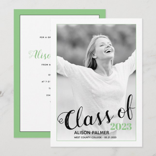 Modern Class of 2023 script sage green photo Invitation (Front/Back)