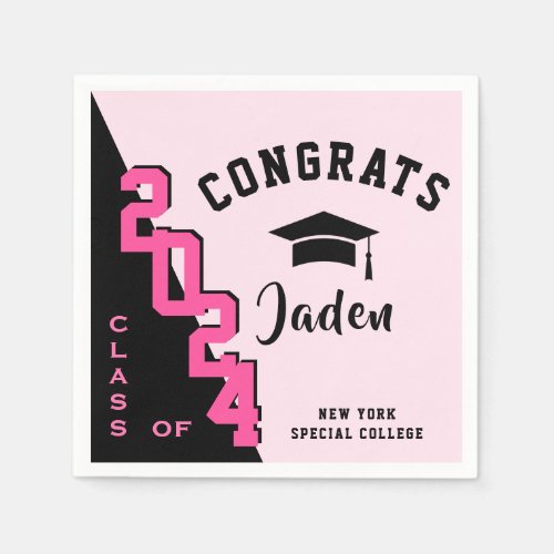 Modern Class of 2024 Black Pink Graduation Party Napkins